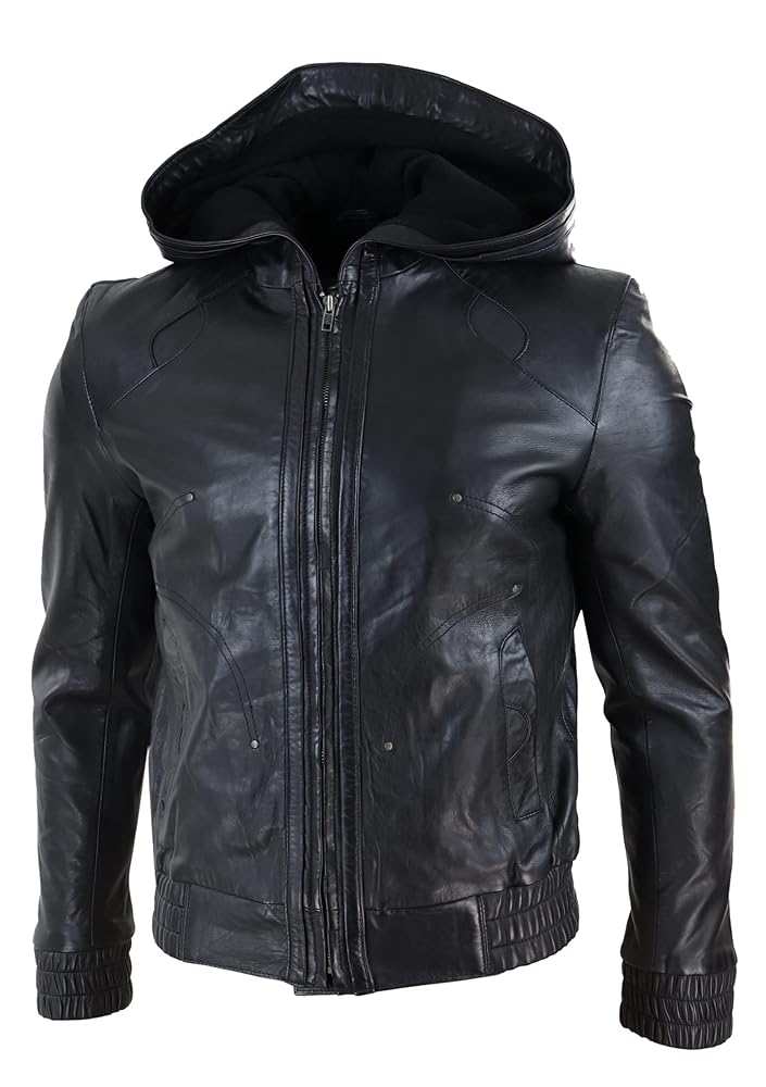 Men's Classic hooded leather bomber jacket Real Lambskin